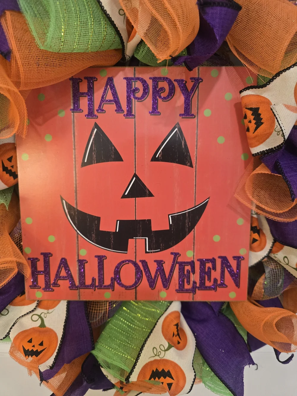 Happy Halloween Pumpkin Wreath - Orange, Purple & Green